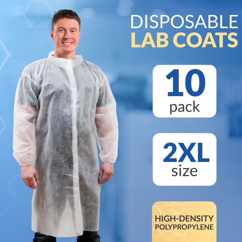 ABC PACK & SUPPLY Disposable Lab Coats for Adults, XX-Large. Pack of 10 White Disposable Coats Medical. Splash-Proof Adult Lab Coat Disposable with Elastic Cuffs, Hook & Loop Fastener, No Pockets - Image 2